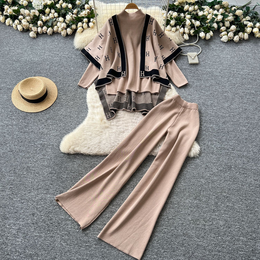 European and american fashion color block oversized shawl cardigan + turtleneck long sleeve knit top + high-waisted wide leg pants