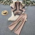European and american fashion color block oversized shawl cardigan + turtleneck long sleeve knit top + high-waisted wide leg pants