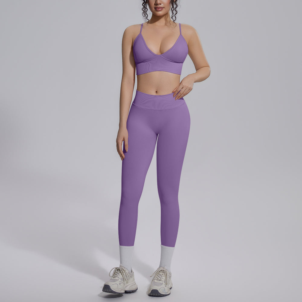 seamless pure color high waist beautiful back tight breathable high elastic yoga suit sports running fitness two-piece set