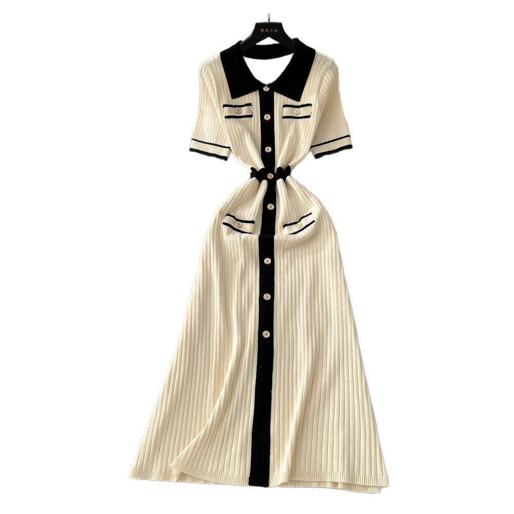 Niche styleretro socialitefashioncontrast colorpolo collar metal buckle short-sleeved knittingdress women's waist sweater long skirt