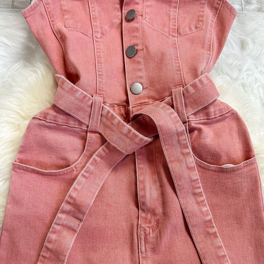 Hong kong style retrochicsense of design strap waist slimming look lapel metal buckle jeans jumpsuit