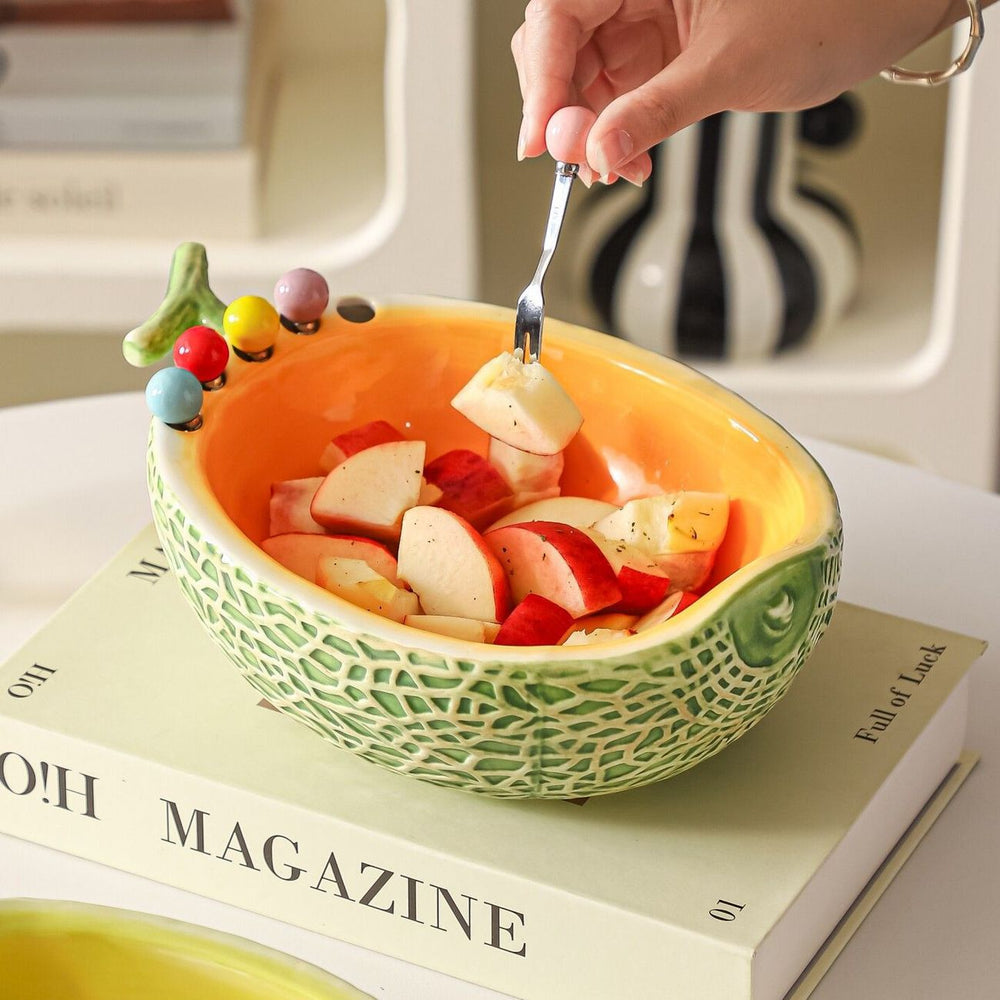 High-style cantaloupe ceramic fruit platter and fork set, perfect for home use. includes fruit picks, dessert forks, and a storage bowl, ideal for the living room coffee table