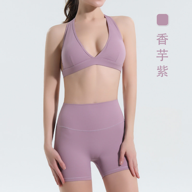 European and american halter sports bra and high-waisted tummy control butt-lifting leggings set - quick-dry summer yoga outfit with padded bra - wholesale