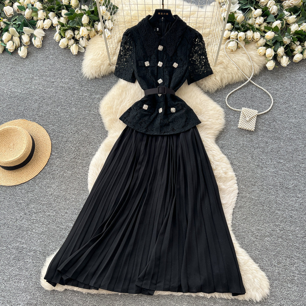 French chic yellow turn-down collar lace patchwork dress - women's summer elegant commute pleated maxi dress
