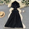 French chic yellow turn-down collar lace patchwork dress - women's summer elegant commute pleated maxi dress