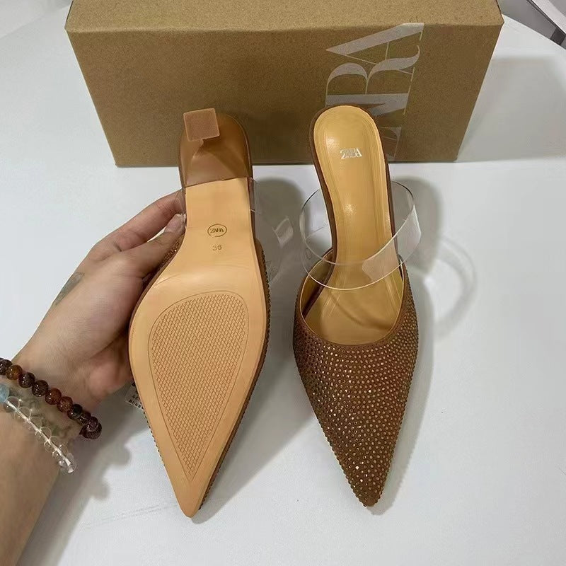 Za summer new arrivals 2024 high heels pointed toe rhinestone embellished closed toe fashionable low-cut pvc slingback stiletto sandals for women