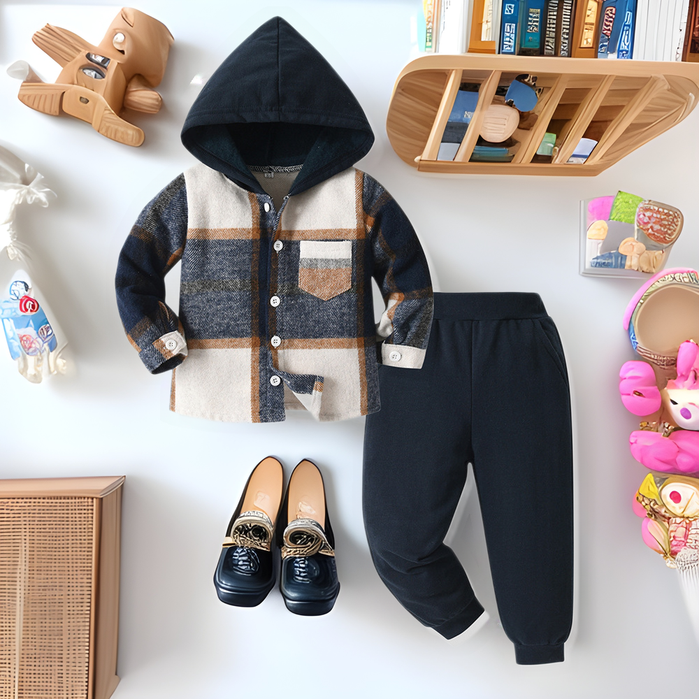 New arrival cross-border children's plaidshirtlong sleeves hoodie cotton boys spring suit boys spring children's clothing