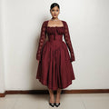 European and american cross-border women's fashion:  summer new arrival - elegant square neck lace long sleeve cinched waist solid color midi dress