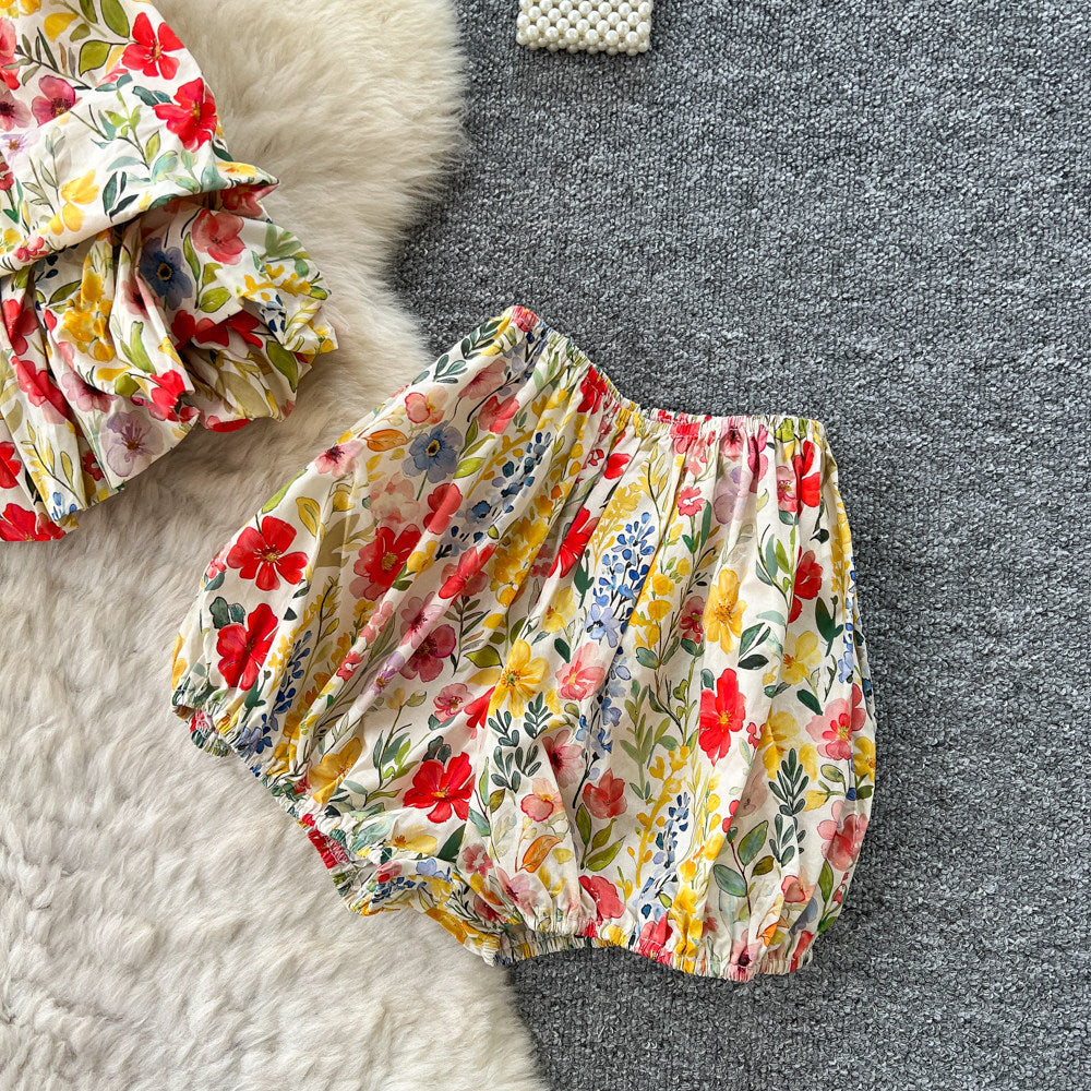 Vacation style floral suspender silm two-piece set for women summerwork clothing style waist-tight bud skirt petitessuit