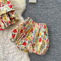 Vacation style floral suspender silm two-piece set for women summerwork clothing style waist-tight bud skirt petitessuit