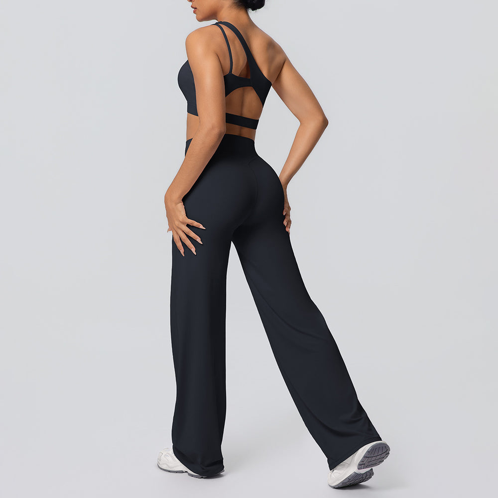 fashion double-sided nylon brushed single-shoulder yoga suit sports running fitness wide-leg two-piece set for women