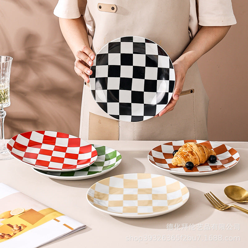 Instagram-worthy creative printed ceramic chessboard pattern dinner plates - stylish dinnerware for restaurants, home use, western cuisine, baking, and plating