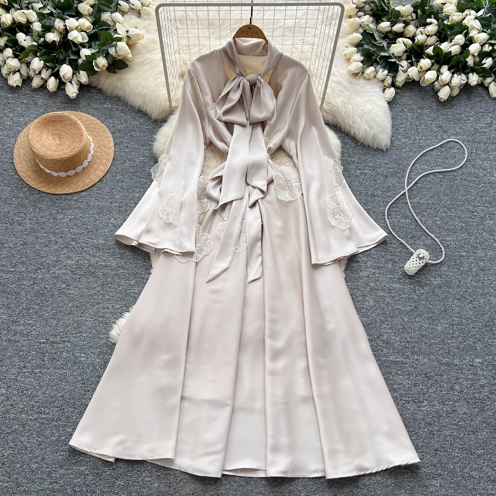 Frenchretrolong sleevesdress women's summerstereoflower tieelegant unique beautiful beautiful long skirt