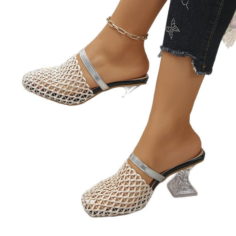 Export cross-border baotou thick heel sandals 2026 summer new arrivalfashioneasiest for matchcut out woven high heel sandals for women