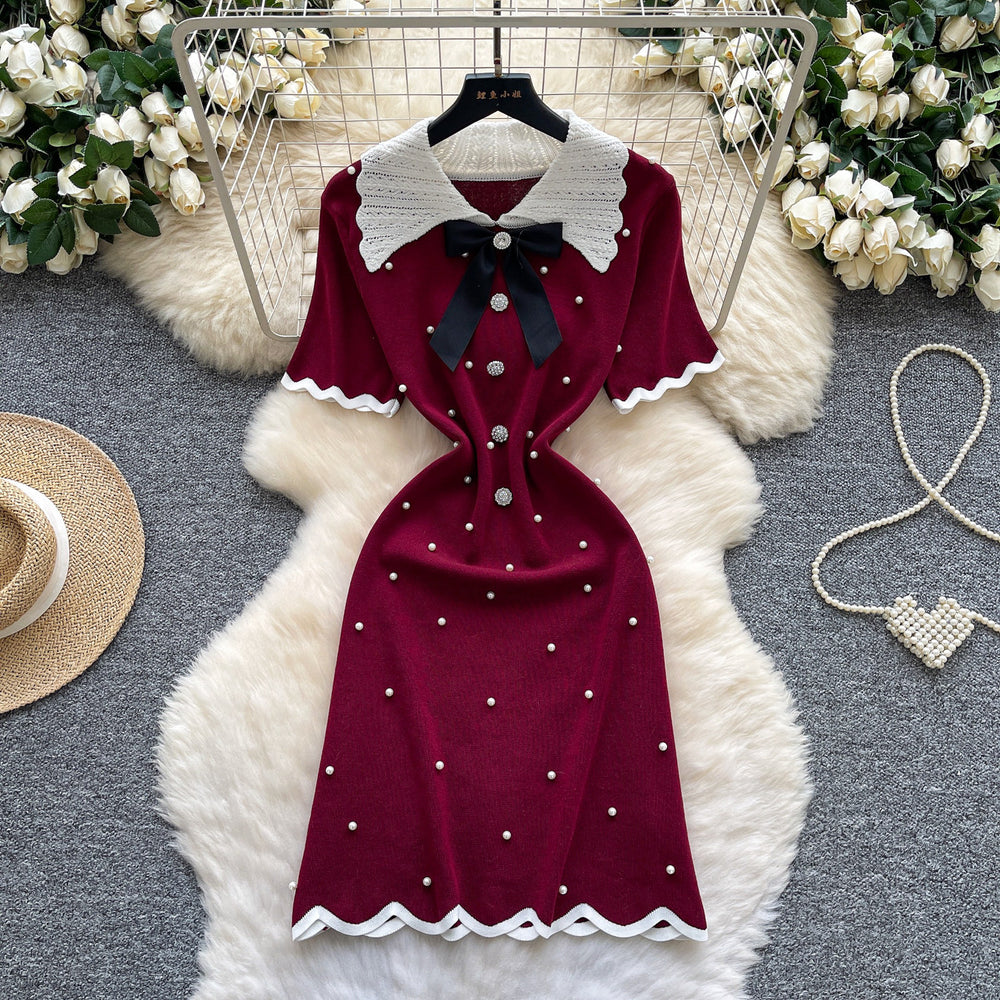 Export cross-border doll collar sweetbowsknittingdress women's summer pearl decoration waist work clothing a-line skirt