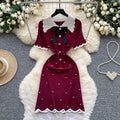 Export cross-border doll collar sweetbowsknittingdress women's summer pearl decoration waist work clothing a-line skirt