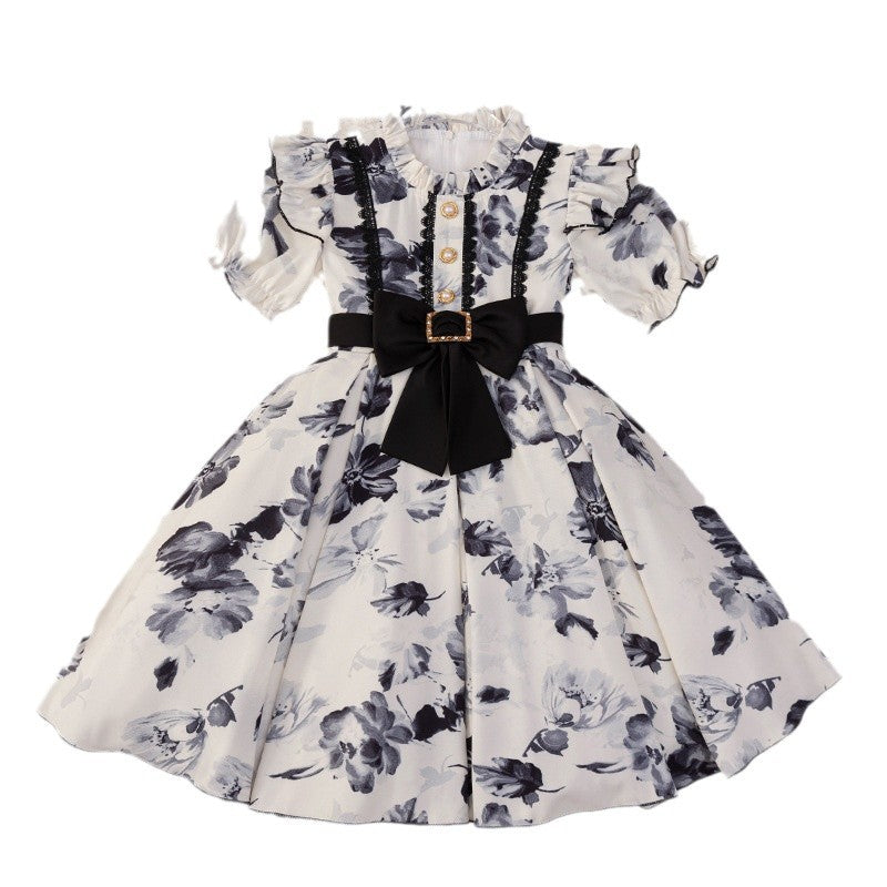 Custom girls' dress - ink wash painting princess style - birthday chic short sleeve chiffon dress - perfect for little girls - cross-border e-commerce