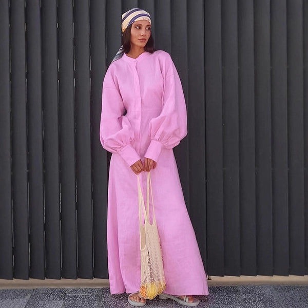 European and American vacation casual shirt skirt robe women's 2025 autumn fashion niche loose stand-up collar bubble sleeve dress