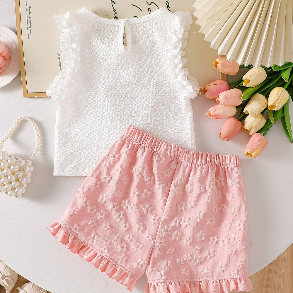 Girls' tulip crochet ruffle trim tank top and floral shorts two-piece set - summer korean style casual outfit for kids - trendy