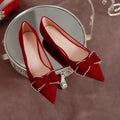 Red wedding shoes women's flats 2022 new chinese style bridal shoes bowknot maternity wearable xiuhe wedding dress two-wear
