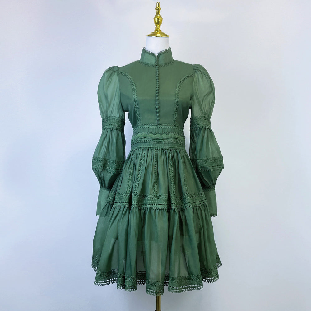 export design: autumn elegant court style lantern sleeve fitted waist dress with stand collar and lace trim mini skirt