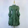 export design: autumn elegant court style lantern sleeve fitted waist dress with stand collar and lace trim mini skirt