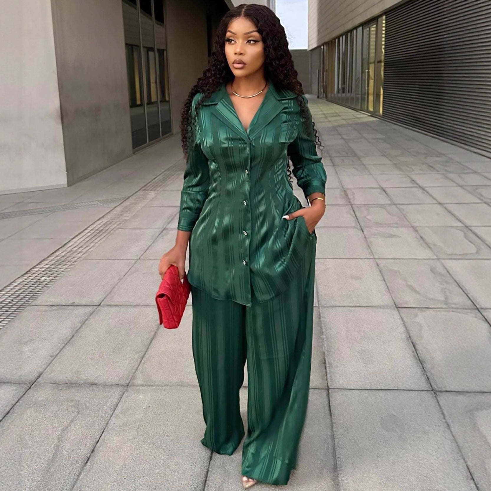 European and American large-size women's clothing long-sleeved suit collar cardigan shirt top wide-leg trousers African fashion foreign style two-piece set