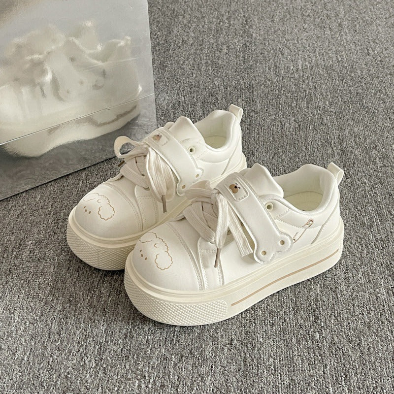 Chunky platform white sneakers - 2026 spring new arrival: cute puppy design, hook-and-loop closure, versatile height-boosting casual sneakers for students