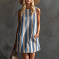 New european and american  fashion retro striped sleeveless crew neck cotton linen mini dress