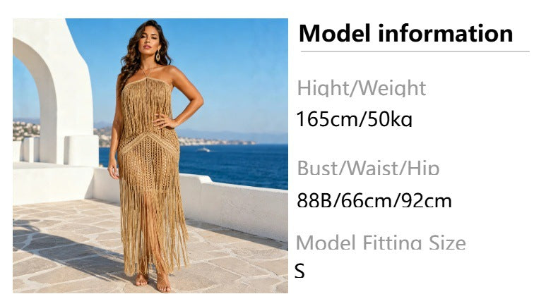 exclusive halter tassel knittingdress cut outbackless slit beach cover-up fashion resort women's clothing