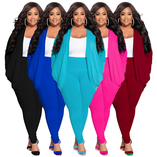 N7757  European and American women's clothing,  supply, fashion 2-piece cardigan and leggings plus size suit for women