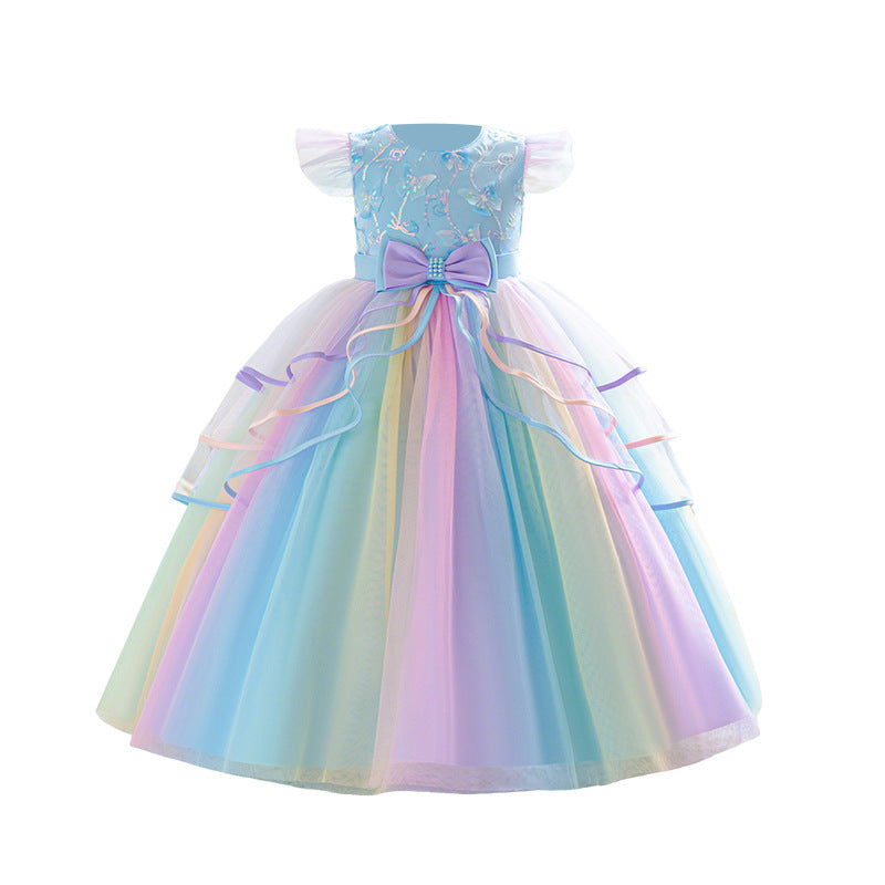 Customized cross-border dress skirt girl mesh flower girl wedding dress colorful european and american style long new arrivalkids princess dress