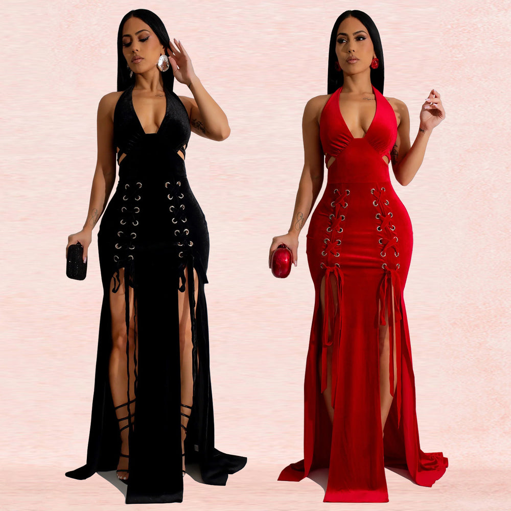 C7156 cross-border   fashion women's halter neck sleeveless sexy slit maxi dress new