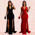 C7156 cross-border   fashion women's halter neck sleeveless sexy slit maxi dress new