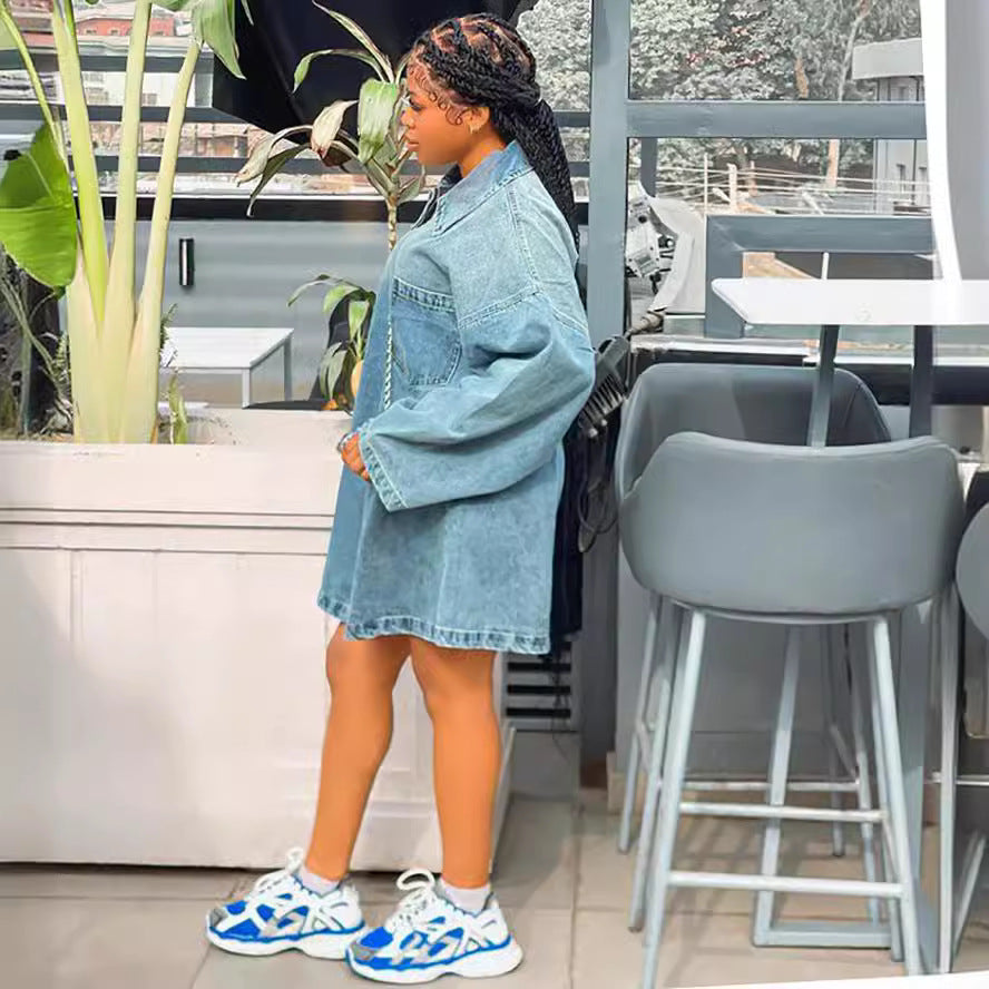 European and american style women's dress -   spring/summer cross-border fashion - trendy lapel loose fit denim skirt