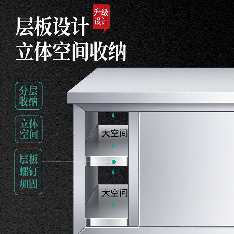 Commercial kitchen workstation: stainless steel countertop with sliding door, cutting board storage, and prep table for restaurants