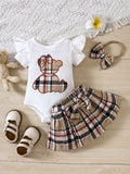 ins newborn infant baby girl summer style bear appliqué embroidered bodysuit triangle romper plaid butterfly