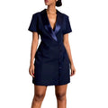 Navy blue short single-breasted dress - deep v-neck, cinched waist, turn-down collar, slimming, commute-friendly, everyday a-line skirt