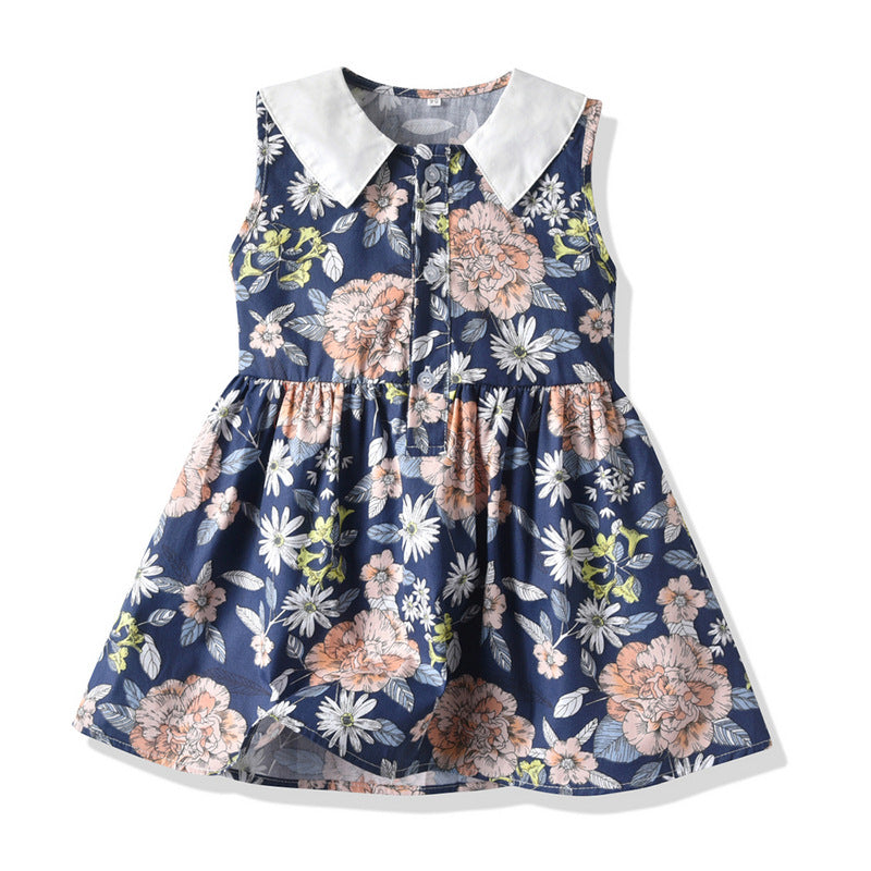 Wholesale foreign trade spring/summer new arrivals: printed floral european and american style girls' dresses, baby turn-down collar sleeveless princess dresses