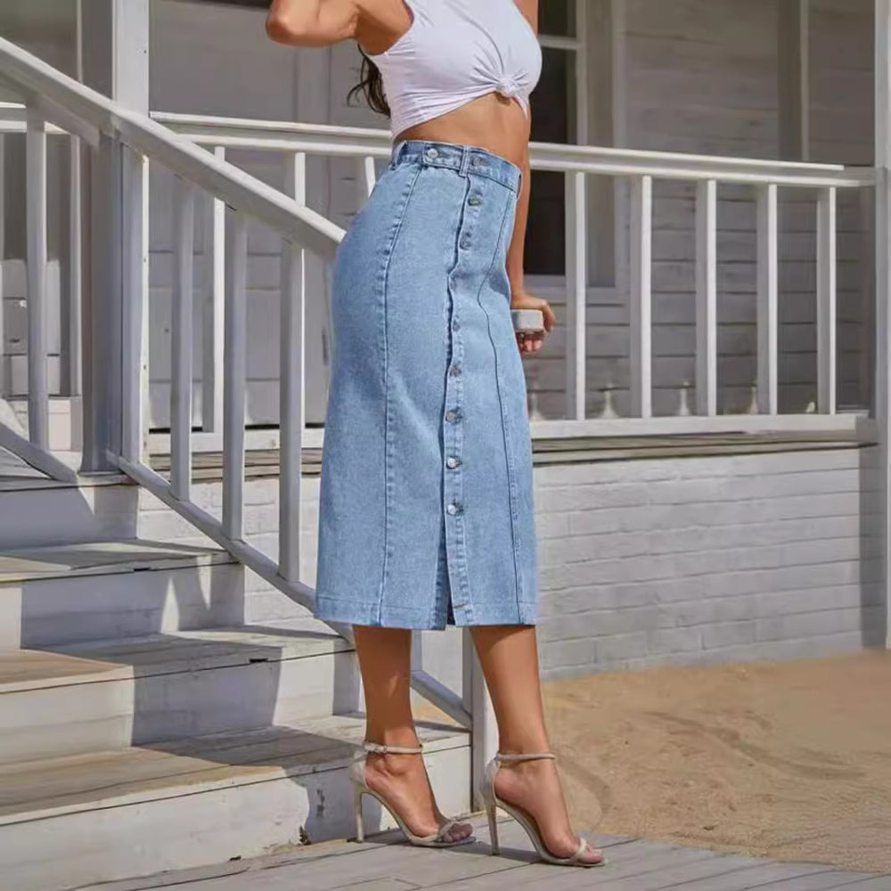 European and american style denim skirt hot-selling new cross-border washed slit denim skirt multi-button denim skirt