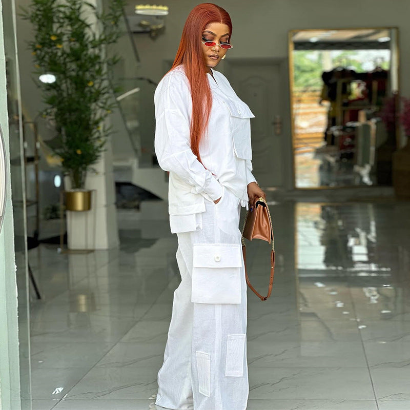 European and american plus-size women's clothing:  spring new arrivals - fashionable loose-fit long sleeve top and large pocket pants set