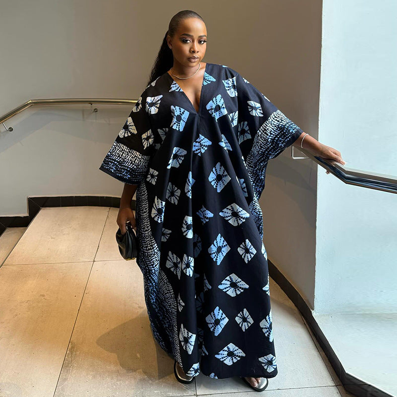 European and american women's clothing  autumn new collection: sweet and fresh printed loose plus size v-neck batwing sleeve maxi dress