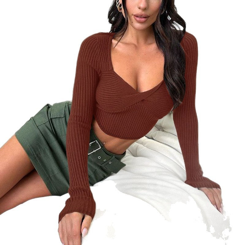 european and american autumn new women's knitted long-sleeve cropped top - sexy cutout design, hot girl style fashion top