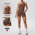 double-sided brushed nude tight one-shoulder vest shorts sports suit running fitness yoga wear two-piece set