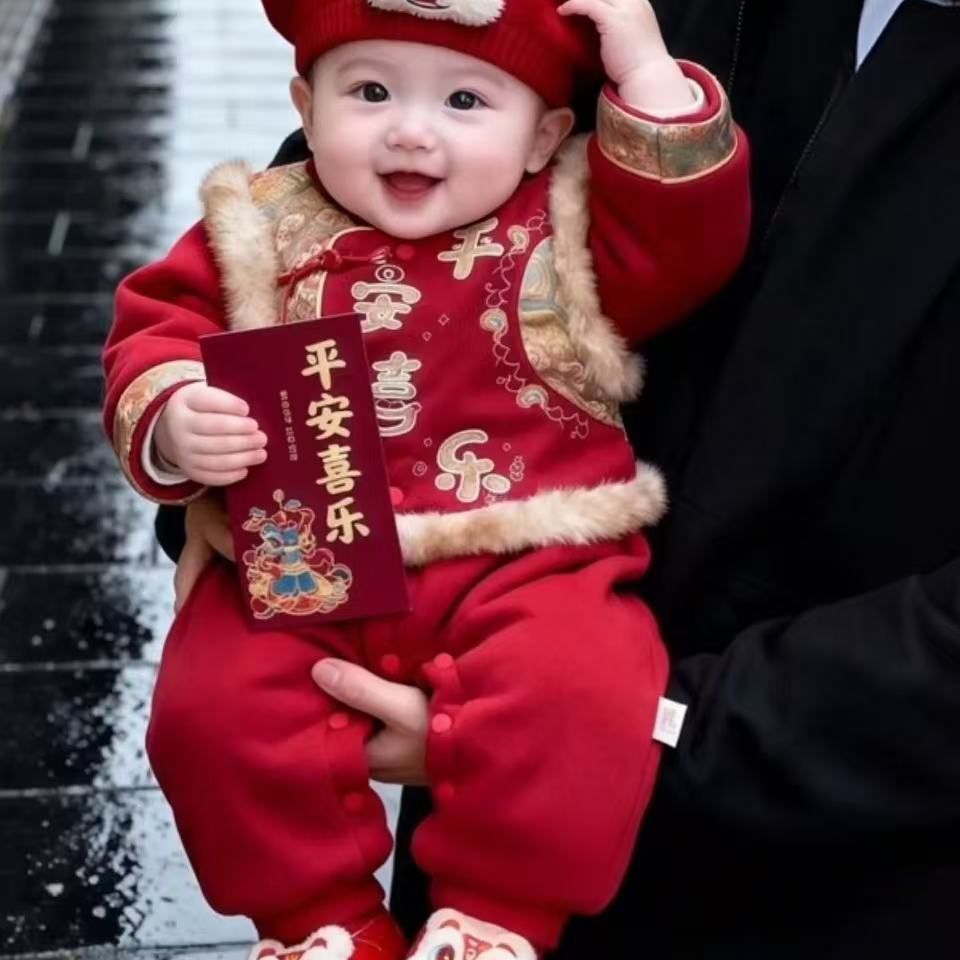 Baby winter clothes heattech outwear one-piece national style baby new year's greetings clothes one year old full month dress festive haha
