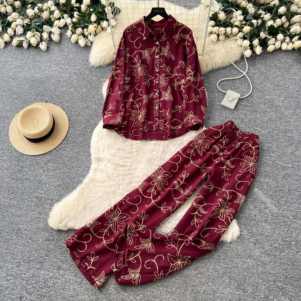 Light mature style leaf embroidercardiganloose pantstwo-piece set for women autumslimming lookeasiest for matchwork clothing stylesuit