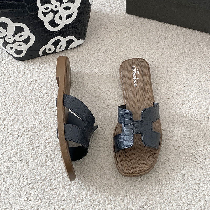 Xiaoxiangfeng sandals women's summer outwear non-slipeasiest for matchfashion imitation wood grain flatsh belt one-line slippers women's export