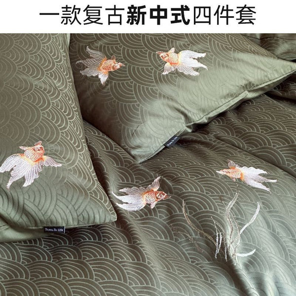 Retro new Chinese 100 satin pure cotton four-piece set embroidered pillowcase sleeping naked soft and comfortable cotton quilt cover