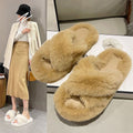 Thick sole cross strap furry slippers for women fall and winteroutwear2025new arrivalplatform shoesthick soleincreased soft bottomfor home cotton slippers