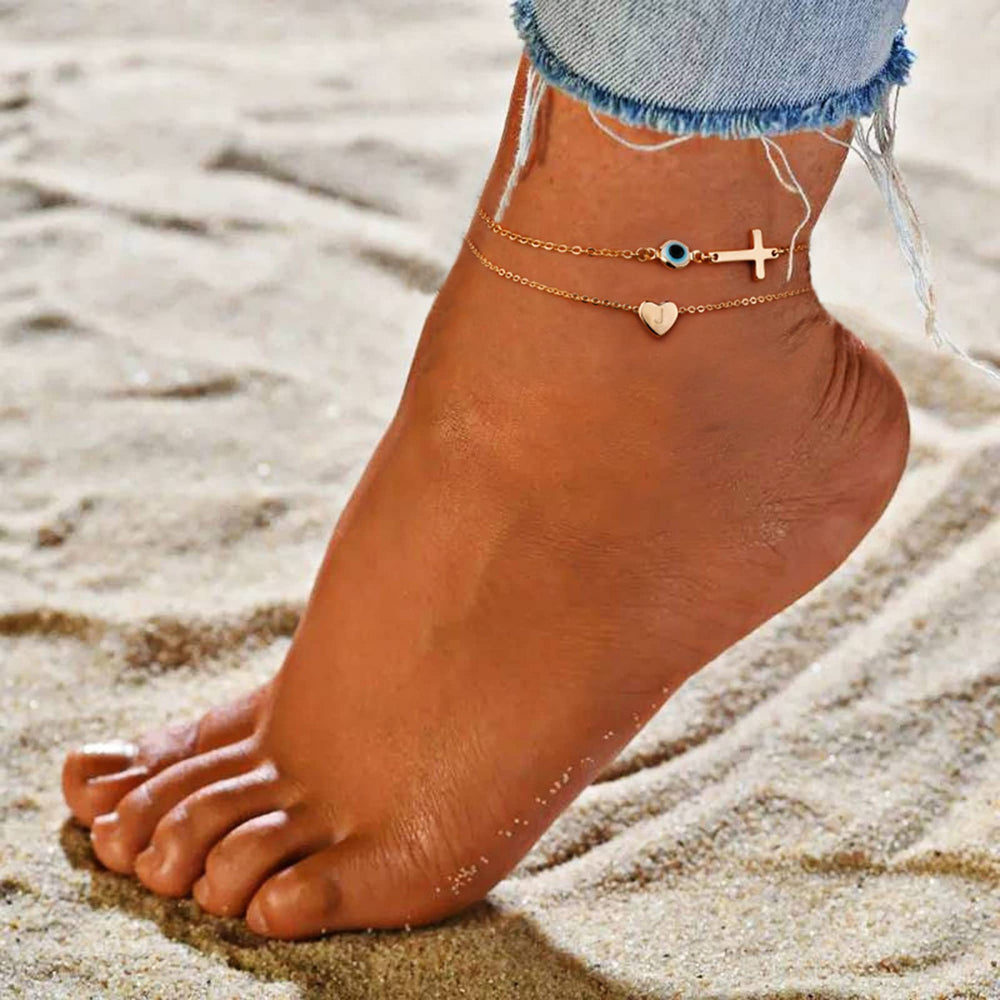 2025 european and american new anklet - devil's eye cross double layer anklet - minimalist pearl layered anklet for women